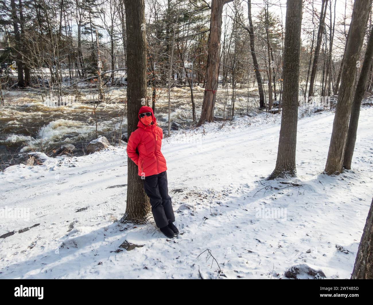 during Covid epidemic, Woman wearing mask standing in park in Winter beside West River, Brownsburg-Chatham, Quebec, Canada, Stock Photo