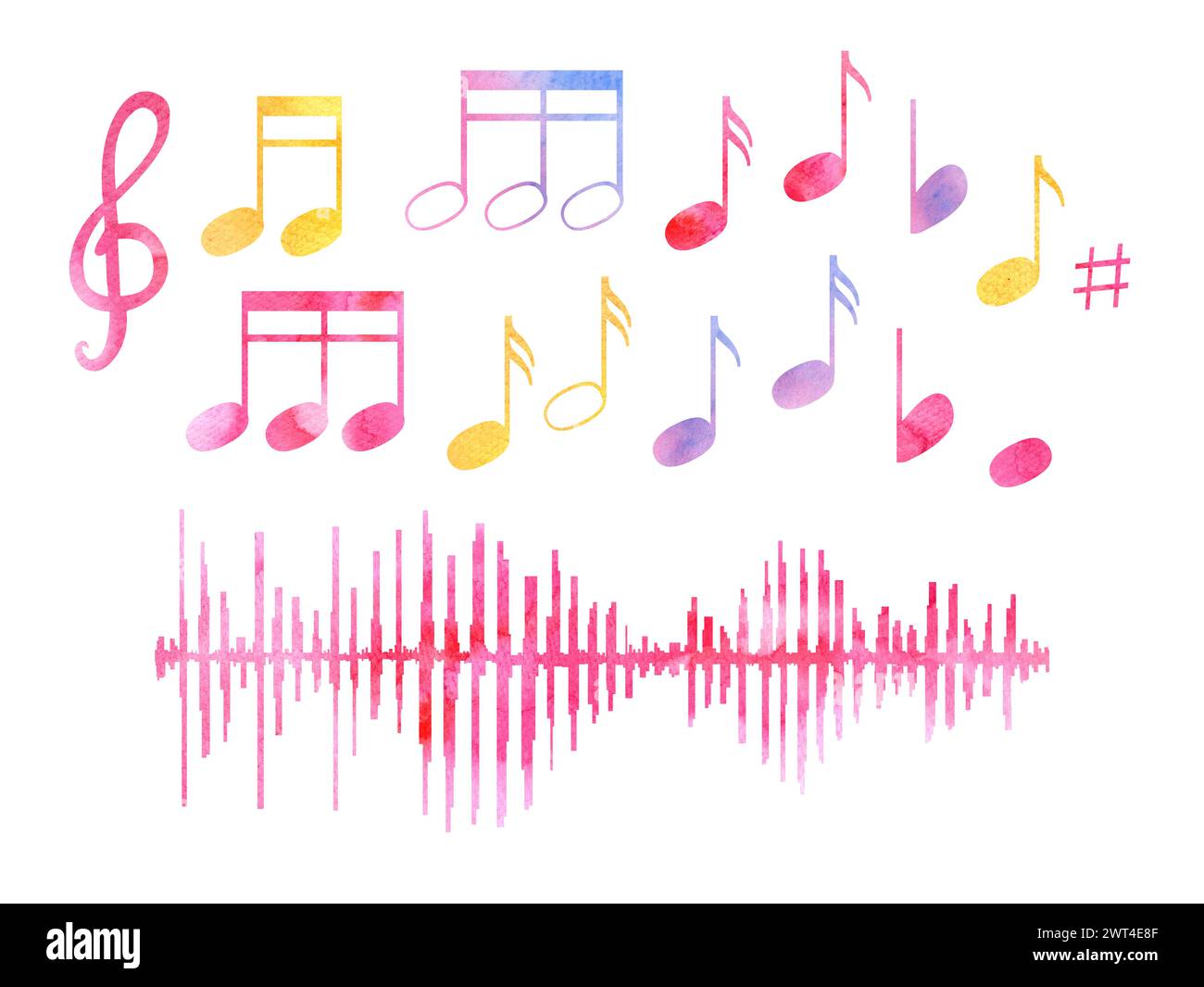 Watercolor music notes and equalizer wave in sketch style. Multicolored music elements, sound waves. Audio, signal, voice recording. Stock Photo