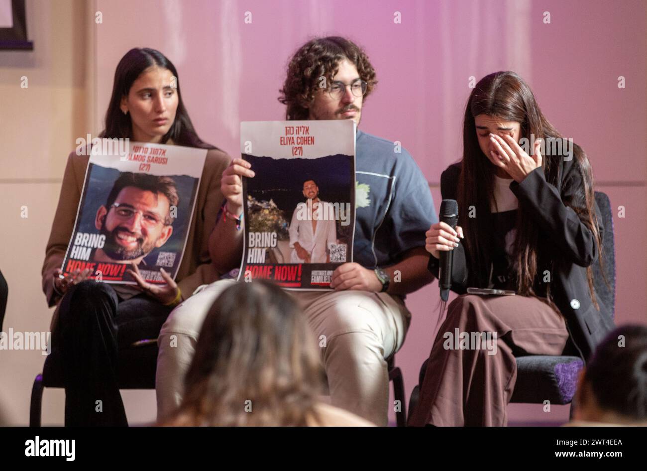 London, England, UK. 15th Mar, 2024. AMIT SHEM TOV (M), sibling of Omer Shem Tov (21) who was kidnapped from the Nova festival site .and ZIV ABUD (R), a Nova survivor herself and girlfriend of Elya Cohen (26) who was kidnapped from the Nova festival site are seen at Royal Overseas League in central London before UK premiere of the Super-Nova documentary. (Credit Image: © Tayfun Salci/ZUMA Press Wire) EDITORIAL USAGE ONLY! Not for Commercial USAGE! Credit: ZUMA Press, Inc./Alamy Live News Stock Photo