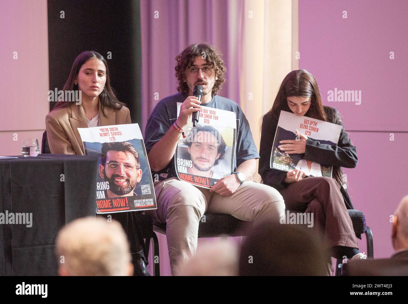 London, England, UK. 15th Mar, 2024. AMIT SHEM TOV (M), sibling of Omer Shem Tov (21) who was kidnapped from the Nova festival site .and ZIV ABUD (R), a Nova survivor herself and girlfriend of Elya Cohen (26) who was kidnapped from the Nova festival site are seen at Royal Overseas League in central London before UK premiere of the Super-Nova documentary. (Credit Image: © Tayfun Salci/ZUMA Press Wire) EDITORIAL USAGE ONLY! Not for Commercial USAGE! Credit: ZUMA Press, Inc./Alamy Live News Stock Photo