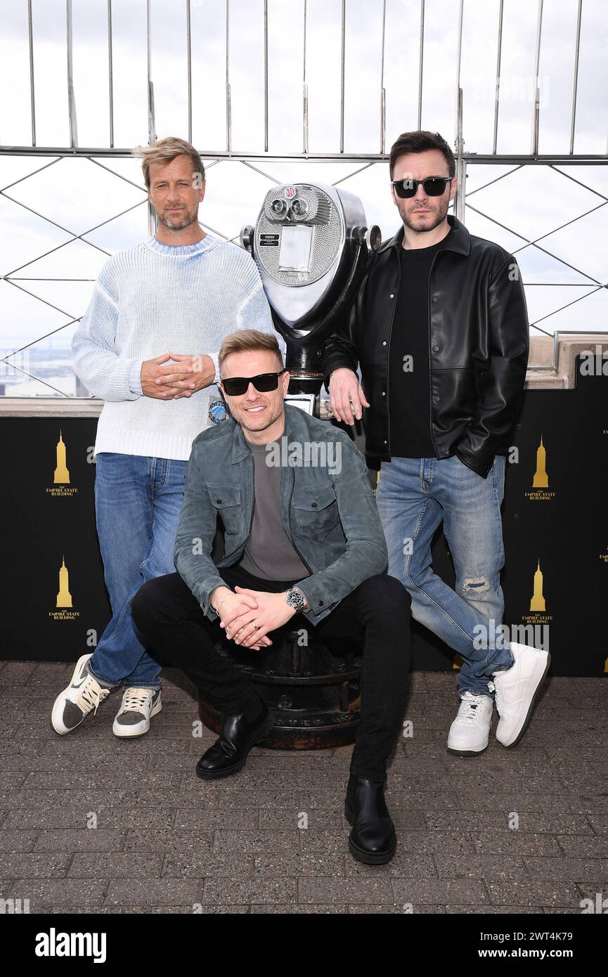 New York, USA. 15th Mar, 2024. Members of the Irish pop group Westlife, (l-r) Kian Egan, Nicky Byrne and Shane Filan pose during the lighting ceremony of the Empire State Building to celebrate St. Patrick's Day, New York, NY, March 15, 2024. Photo by Anthony Behar/Sipa USA) Credit: Sipa USA/Alamy Live News Stock Photo