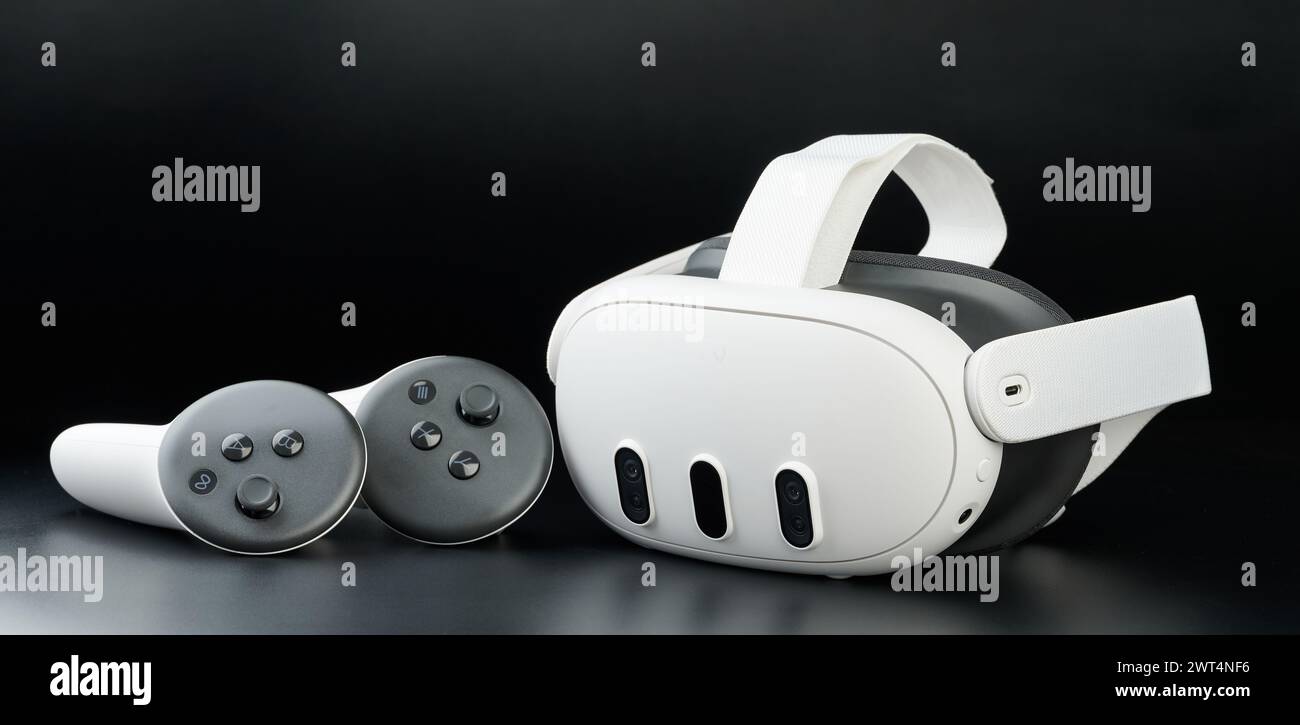 New York, USA March 15, 2024 Meta oculus quest 3 vr headset close up view on black studio