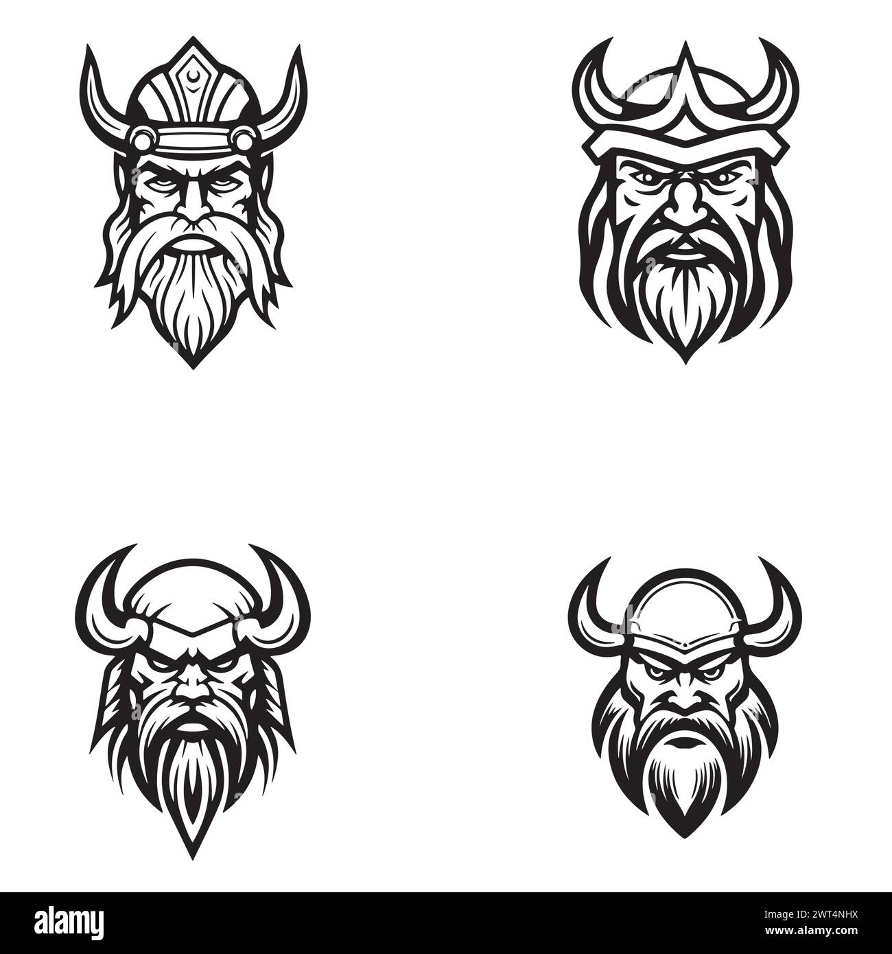 Black White Man with Beard Mustache Wearing Viking Helmet Drawing for Ancient Norse Nordic Warrior Knight Face illustration logo design Stock Vector