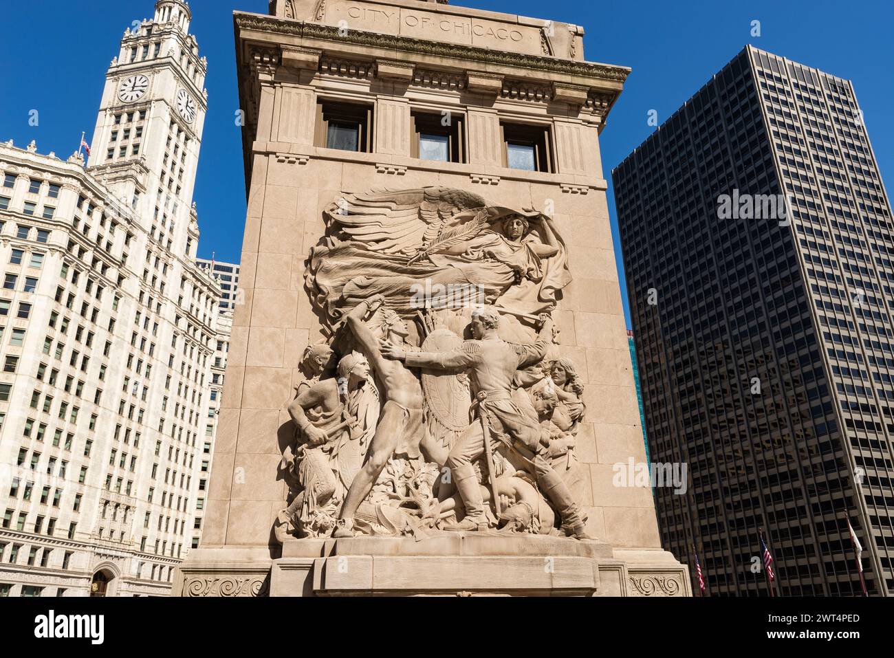 Chicago, Illinois - United States - March 11th, 2024: Monument 'The Defense' by artist Henry Hering, built in 1928, on the DuSable Bridge in downtown Stock Photo