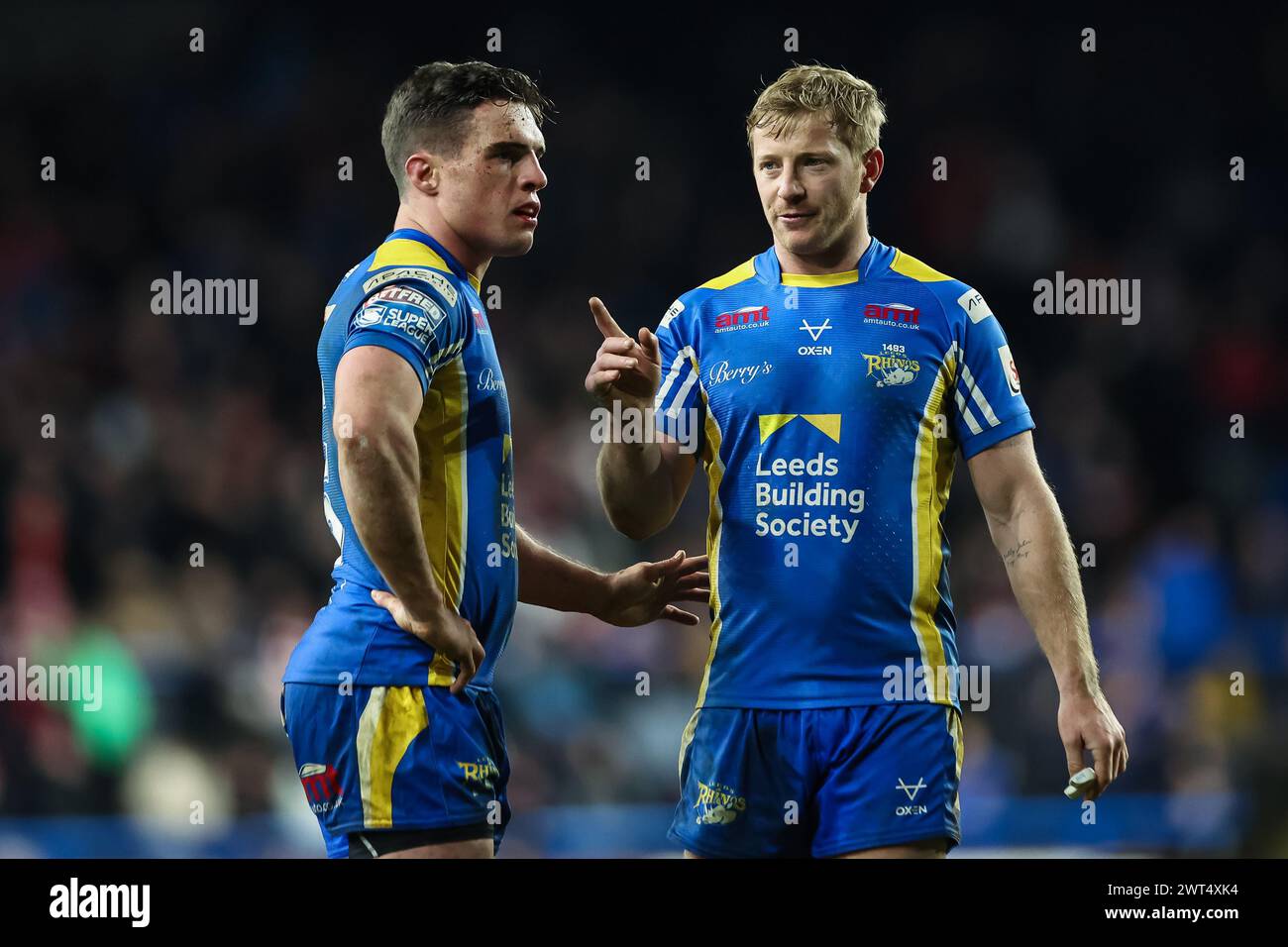 Lachlan Miller of Leeds Rhinos chats to Brodie Croft of Leeds Rhinos during the Betfred Super League Round 5 match Leeds Rhinos vs St Helens at Headingley Stadium, Leeds, United Kingdom, 15th March 2024  (Photo by Mark Cosgrove/News Images) Stock Photo