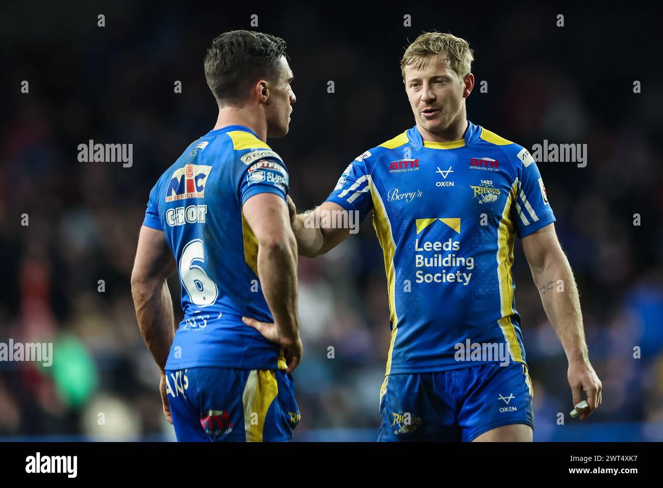 Lachlan Miller of Leeds Rhinos chats to Brodie Croft of Leeds Rhinos during the Betfred Super League Round 5 match Leeds Rhinos vs St Helens at Headingley Stadium, Leeds, United Kingdom, 15th March 2024  (Photo by Mark Cosgrove/News Images) Stock Photo