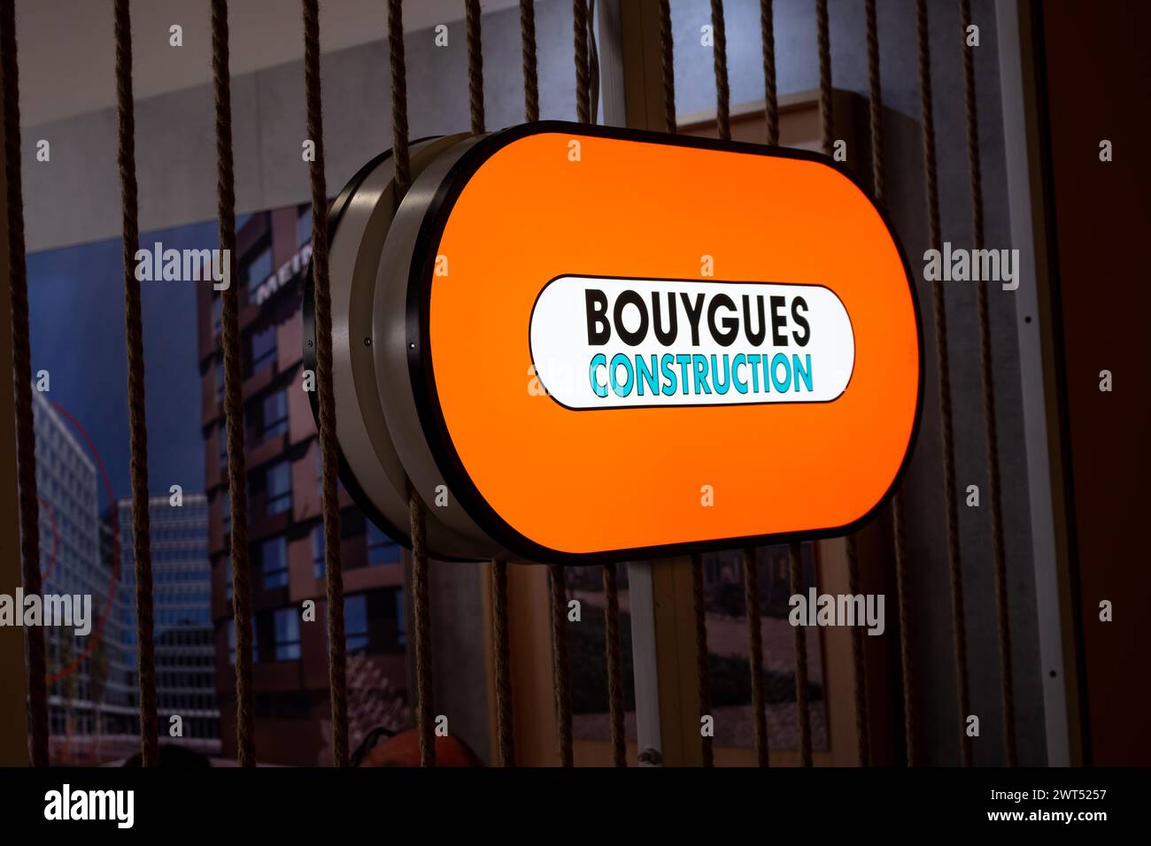 View of the Bouygues Construction logo at Mipim in Cannes. The MIPIM Fair in Cannes is the biggest annual international exhibition dedicated to real estate and investment in innovative and ecological architectural projects. Stock Photo