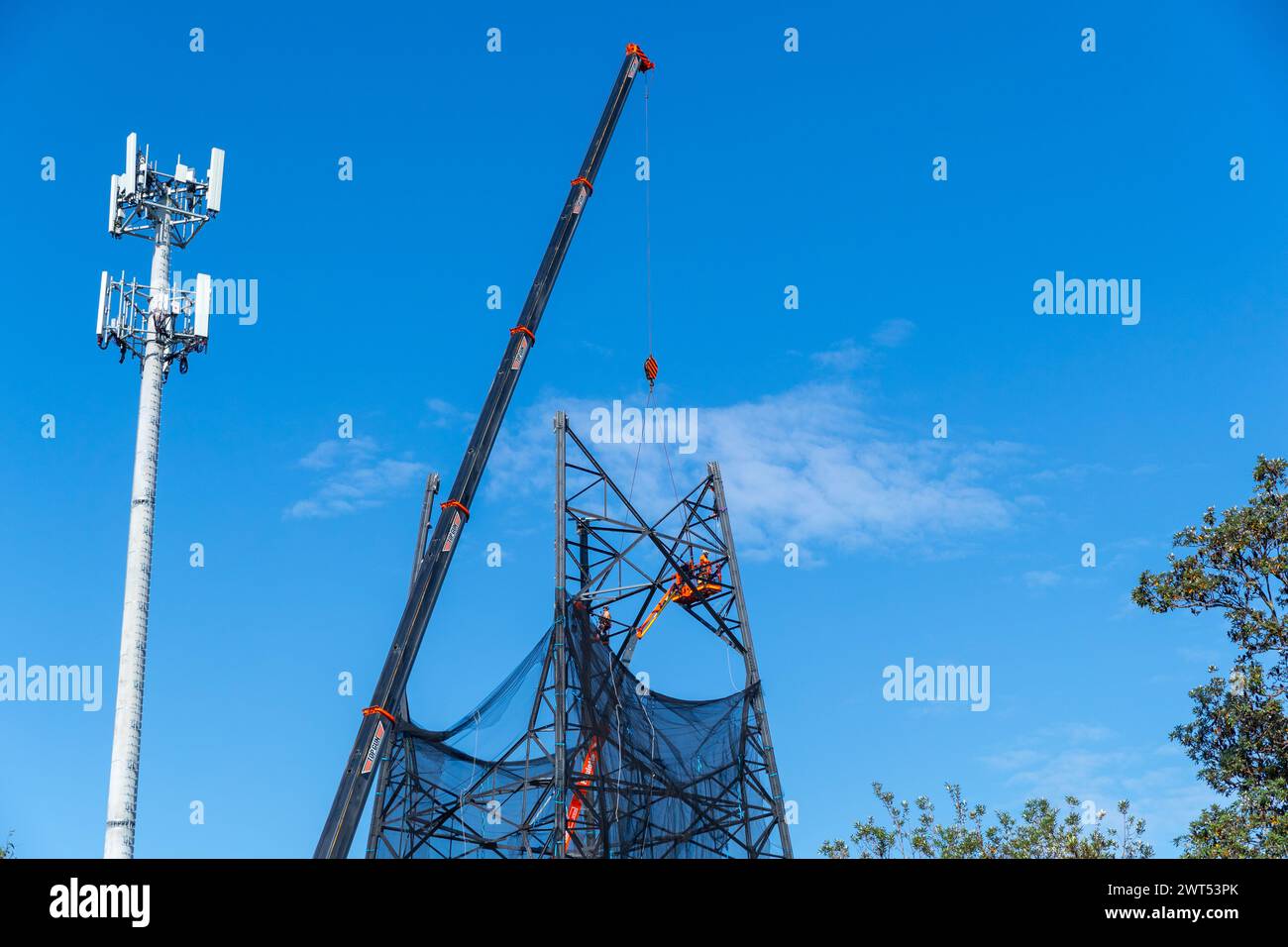 Waverley Communication Tower in Australia is being demolished. Constructed in 1945, it played a critical role in NASA's 1969 Apollo 11 moon landing. Stock Photo