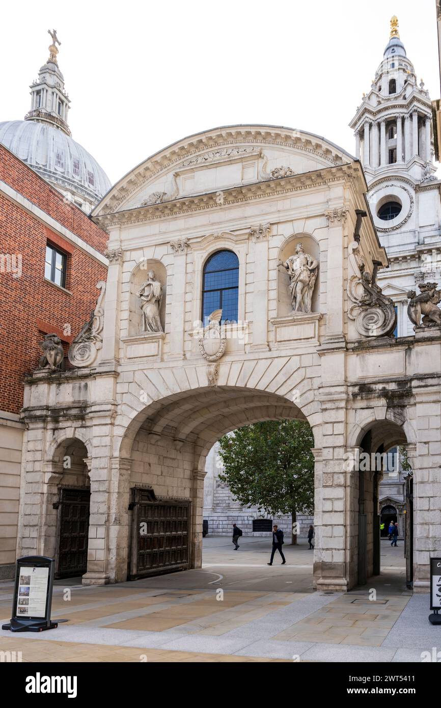 Reconstructed Temple Bar entrance, by sir Christopher Wren, old ceremonial entrance to the City of London, Paternoster Square, London, United Kingdom Stock Photo