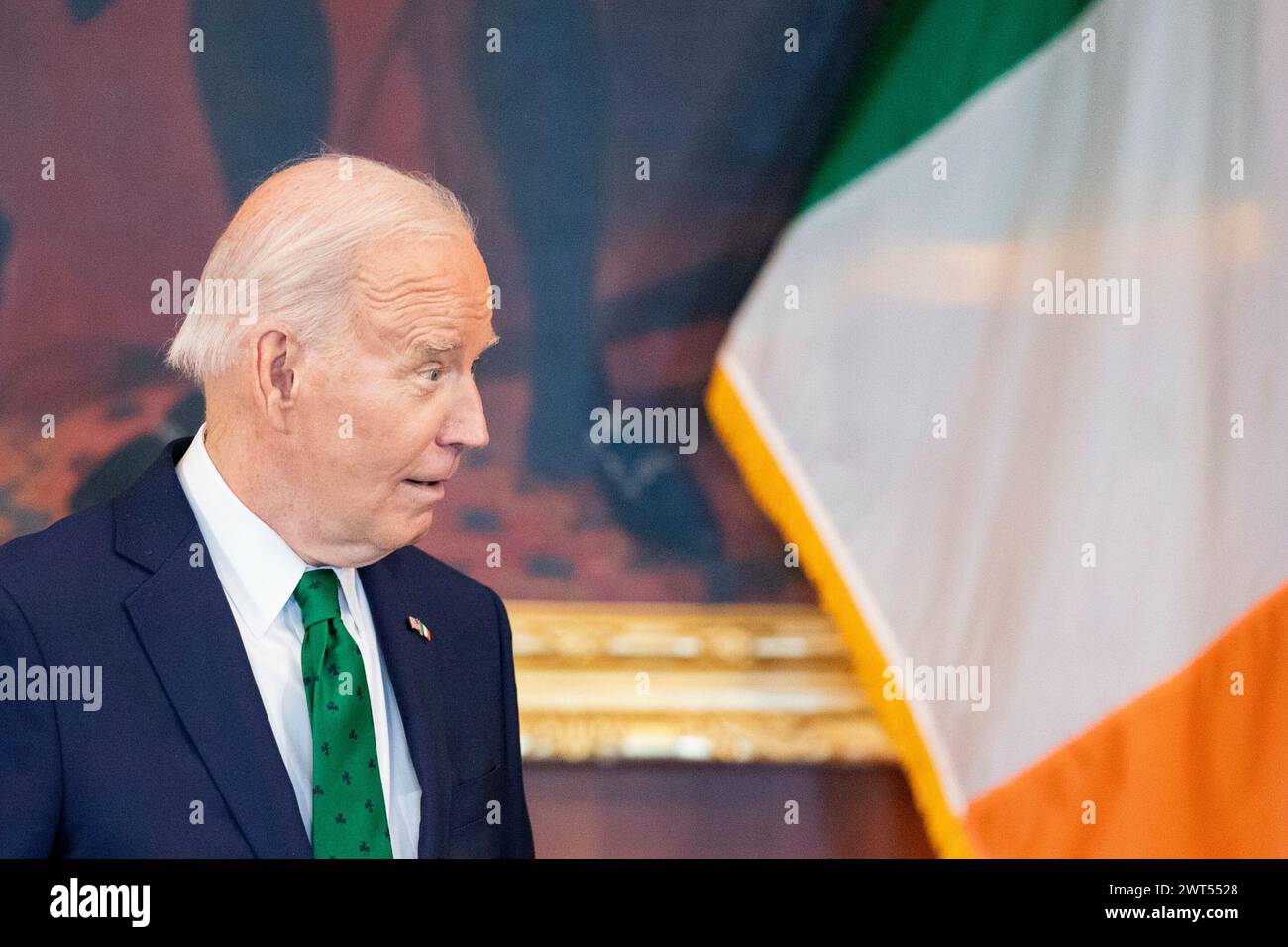 United States President Joe Biden delivers remarks during the Friends of Ireland Luncheon with Ireland's Taoiseach Leo Varadkar in Washington DC, Friday, March 15, 2024. Credit: Nathan Howard/Pool via CNP Stock Photo