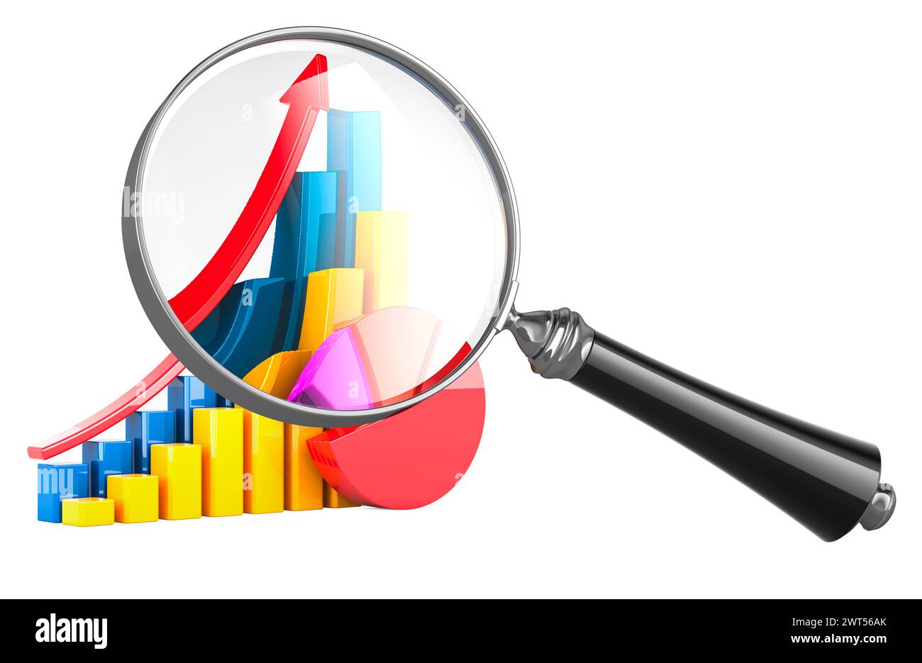 Pie Chart Increasing Pie charts, diagrams, bars with growth arrow under magnifying glass ...