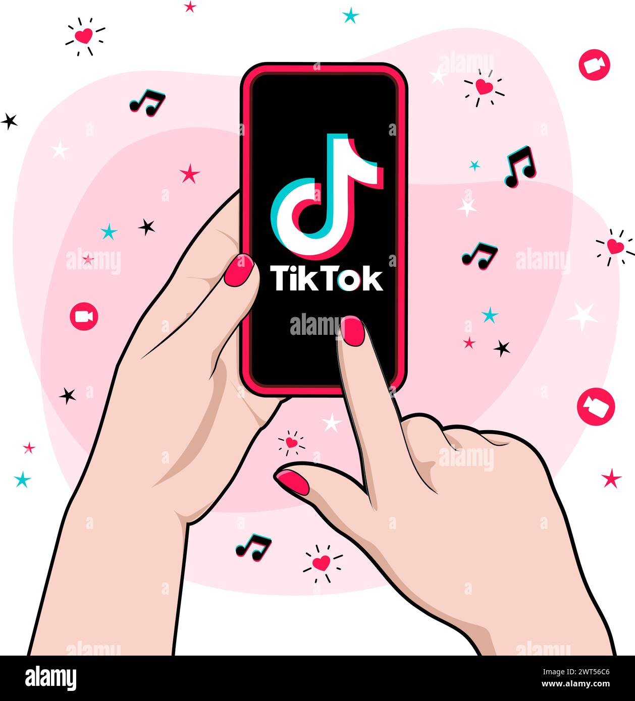 Hand of woman holding smartphone with Tiktok logo in the screen. Entertainment short video social network. Vector illustration with teenage concept. Stock Vector