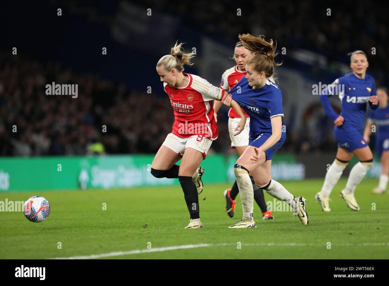London, UK. 15th Mar, 2024. Beth Mead of Arsenal Women is fouled during the FA Women's Super League match between Chelsea Women and Arsenal Women at Stamford Bridge, London, England on 15 March 2024. Photo by Joshua Smith. Editorial use only, license required for commercial use. No use in betting, games or a single club/league/player publications. Credit: UK Sports Pics Ltd/Alamy Live News Stock Photo