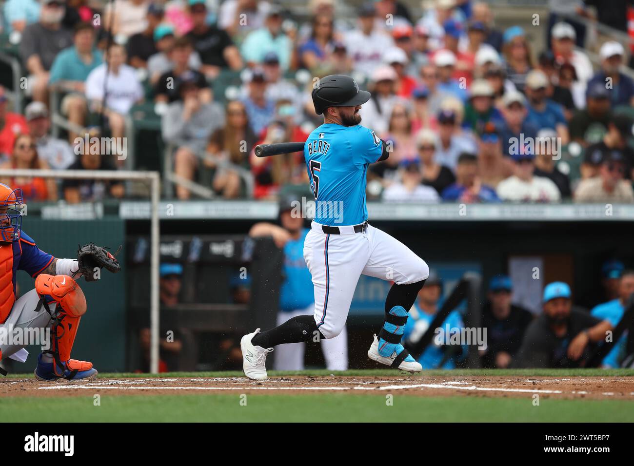 Miami Marlins Jon Berti 5 bats during the first inning of a spring
