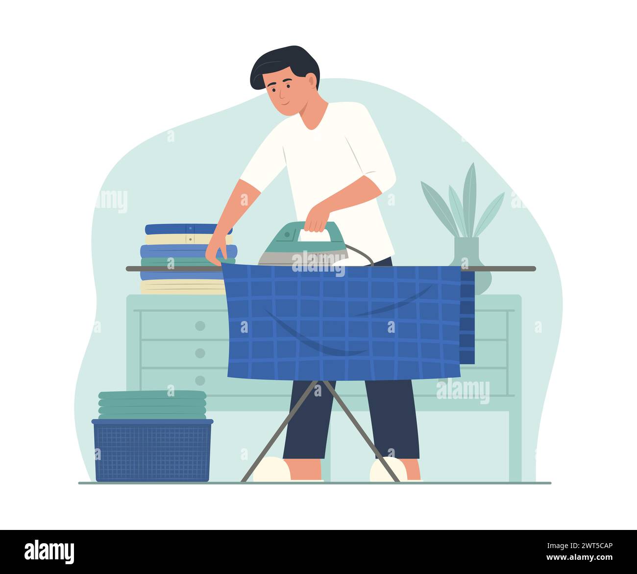 Man Ironing Clothes with Electric Iron at Home for Housework Concept Illustration Stock Vector