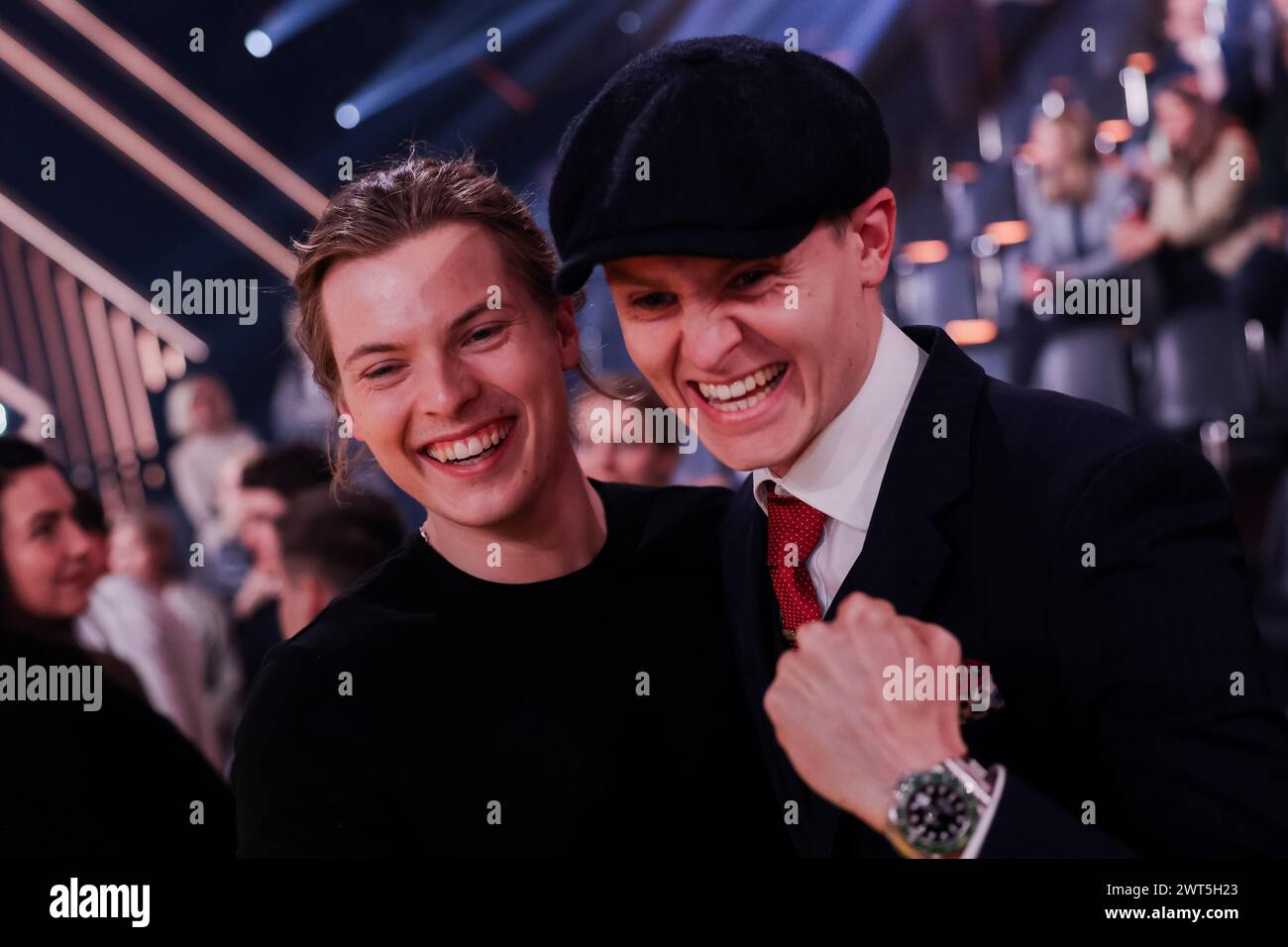 Cologne, Germany. 16th Mar, 2024. Gabriel Kelly, singer, and his cousin
