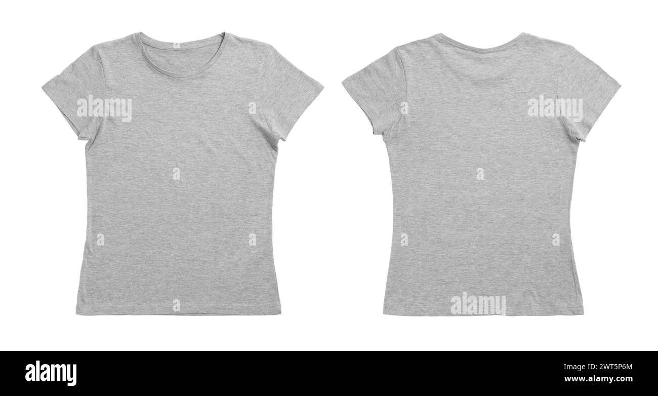 Grey t-shirt with space for design isolated on white. Back and front views Stock Photo