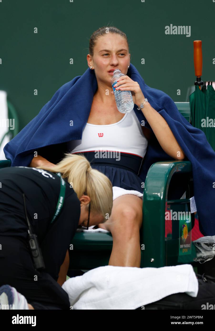 March 15, 2024 Marta Kostyuk of the Ukraine receives treatment from a ...