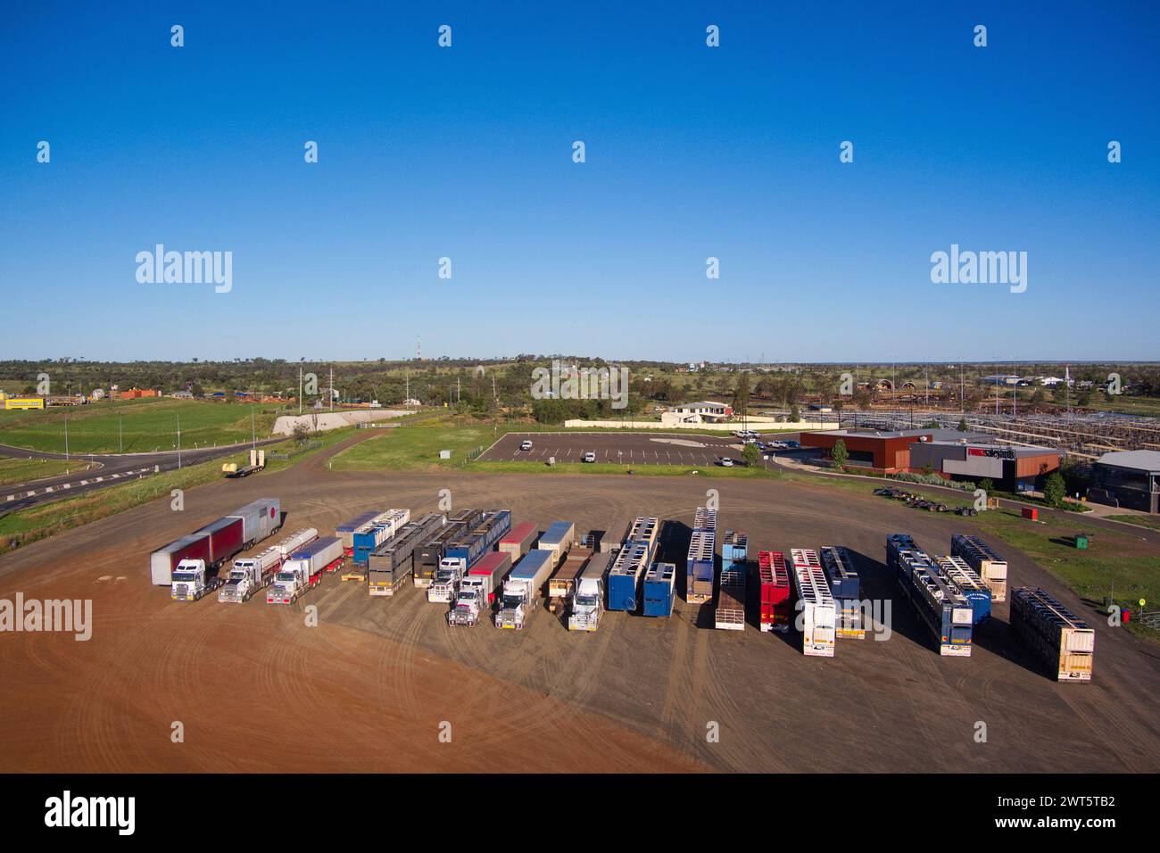 Aerial of roadtrains parked up at the Roma Livestock Saleyards Roma Queensland Australia Stock Photo