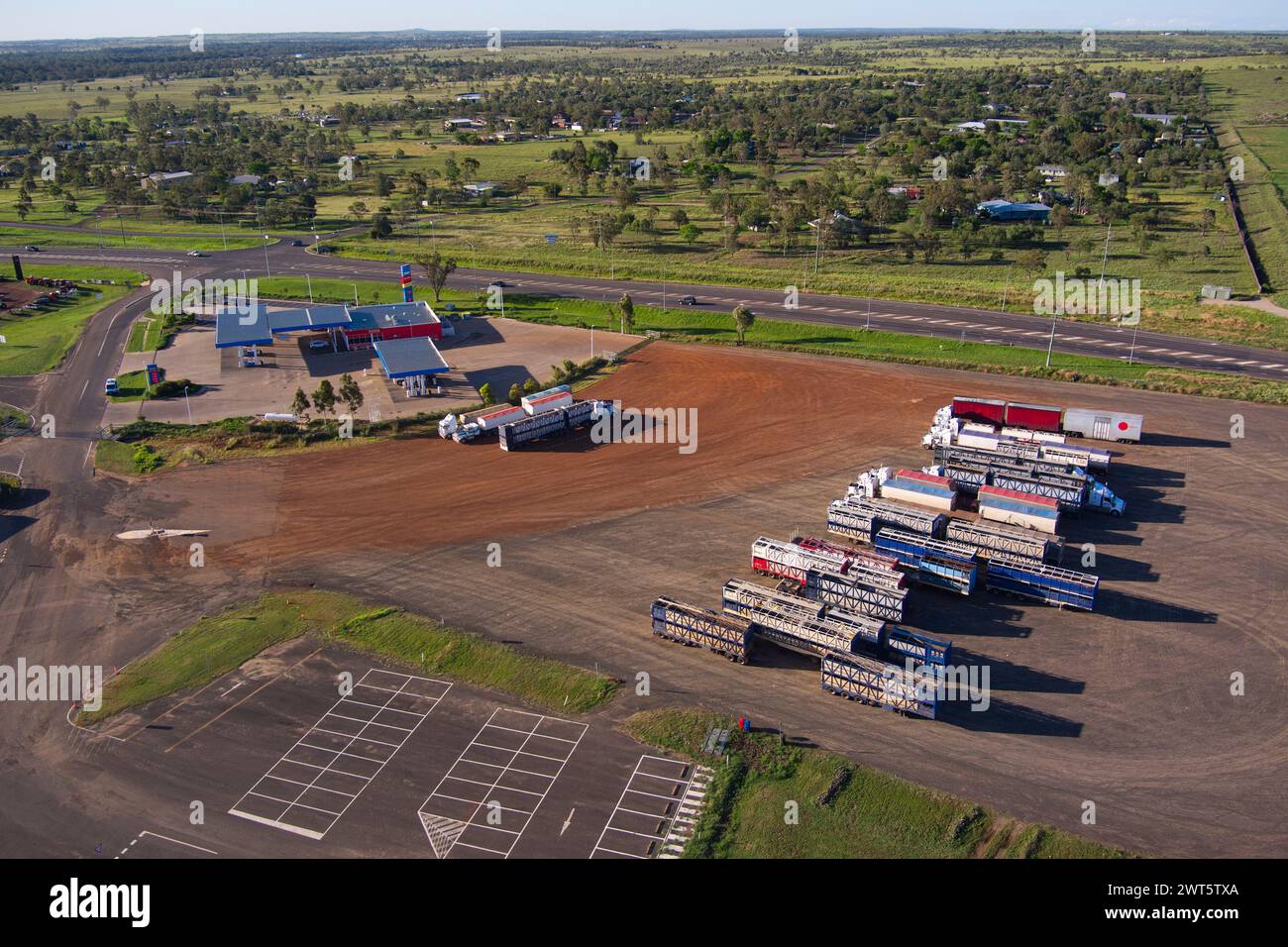 Aerial of roadtrains parked the Pie Face Service Station at the saleyards Roma Queensland Australia Stock Photo