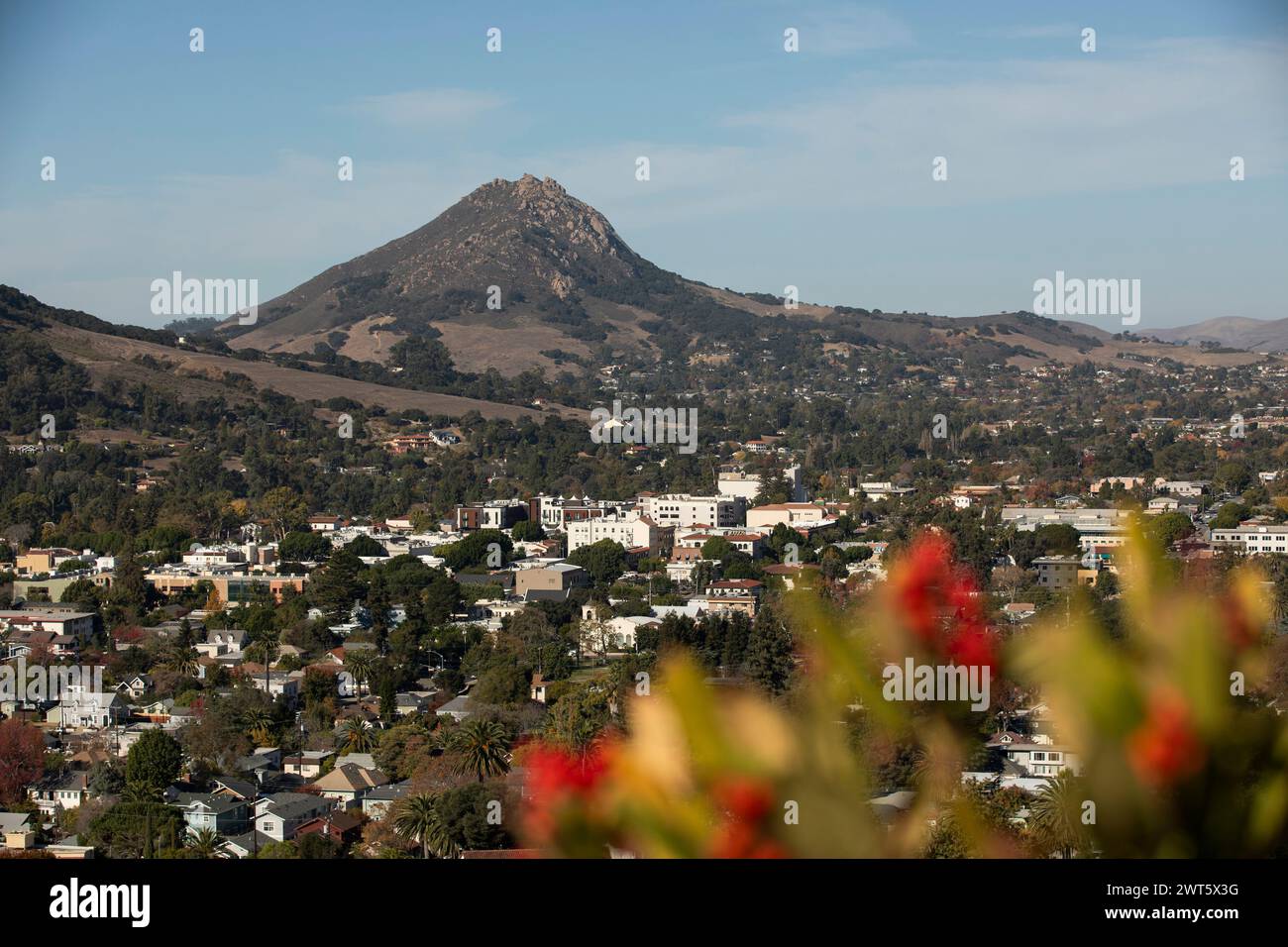 San Luis Obispo, California, USA - December 3, 2021: Aerial view of afternoon light shining on the historic buildings of the downtown core. Stock Photo