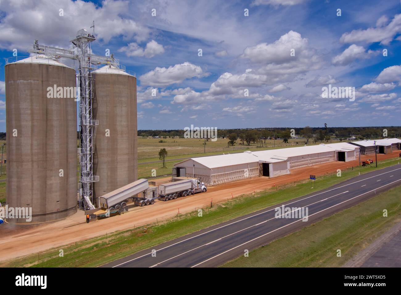 Aerial of Grain Corp Depot for grain at Wallumbilla on the Maranoa Queensland Australia Stock Photo