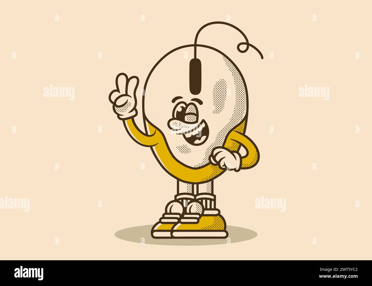 Vintage mascot character illustration of a computer mouse with hands forming a symbol of peace Stock Vector