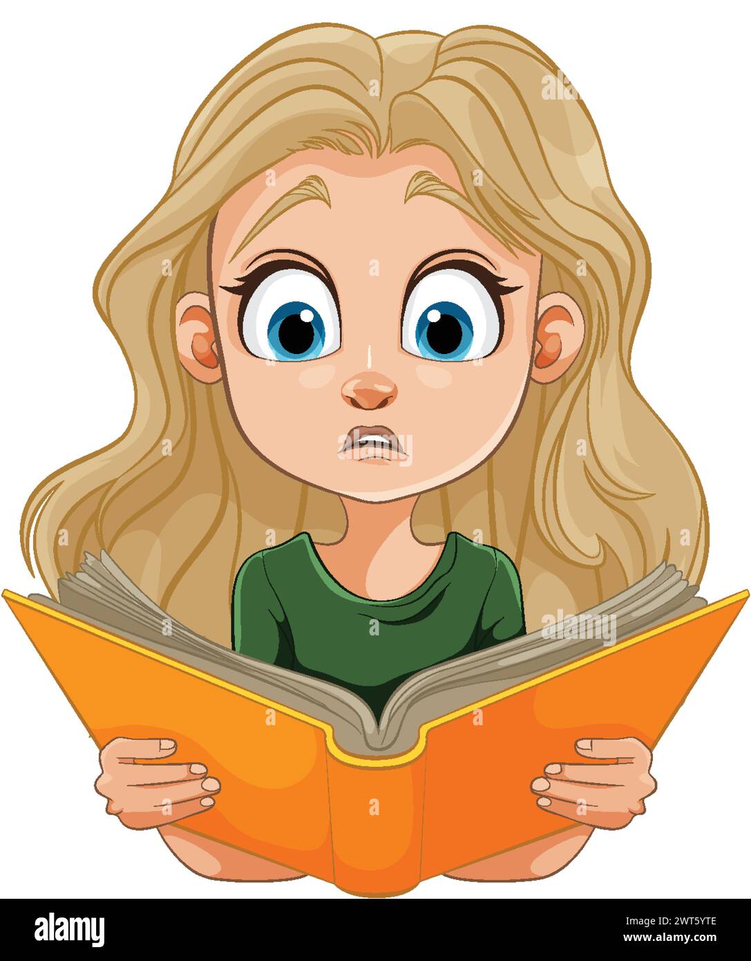 Wide-eyed girl engrossed in an orange book Stock Vector