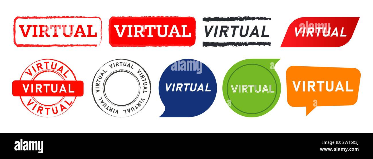 virtual rectangle circle stamp and speech bubble label sticker sign digital technology internet Stock Vector