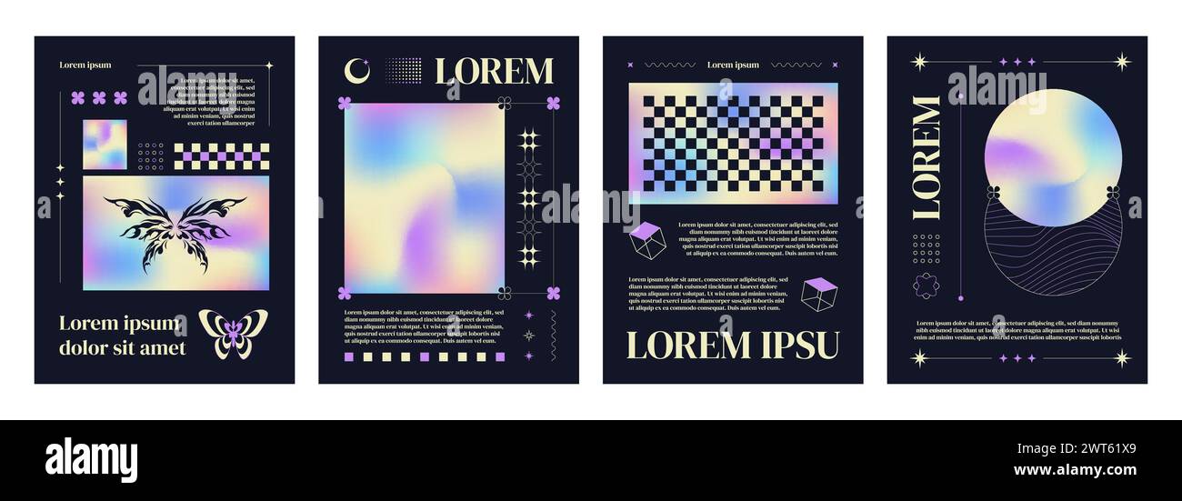 Poster in y2k trendy style with holographic frames, grid and tribal elements, typography on black background. Vector set of banner template in 90s and Stock Vector