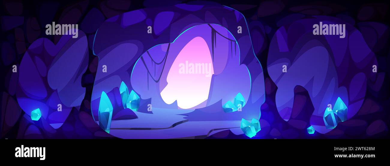 Dark cave with stalagmite, blue gem crystals in rock walls and floor ...