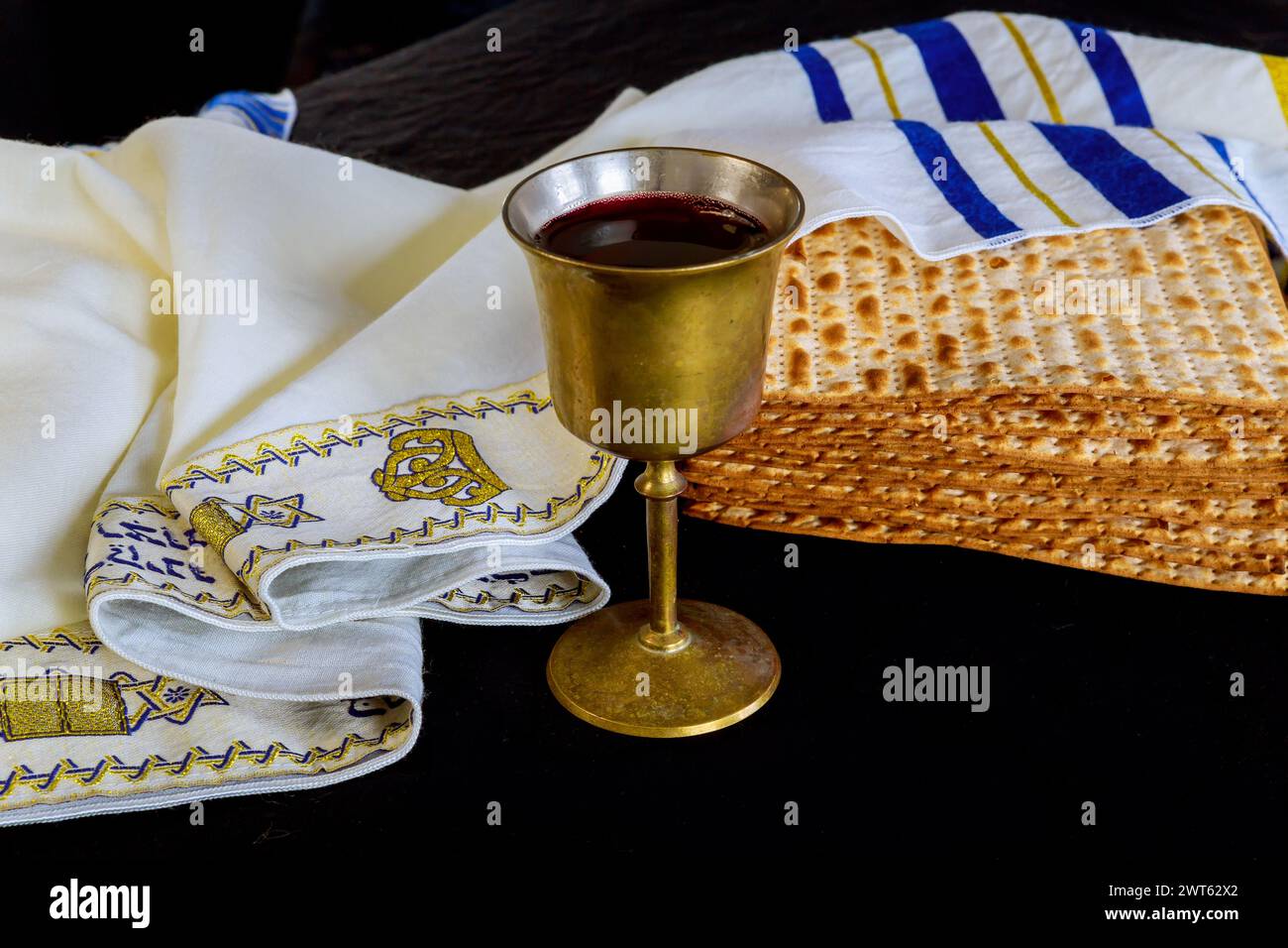 Pesach celebration Jewish holiday with red kosher wine unleavened bread matzo Stock Photo