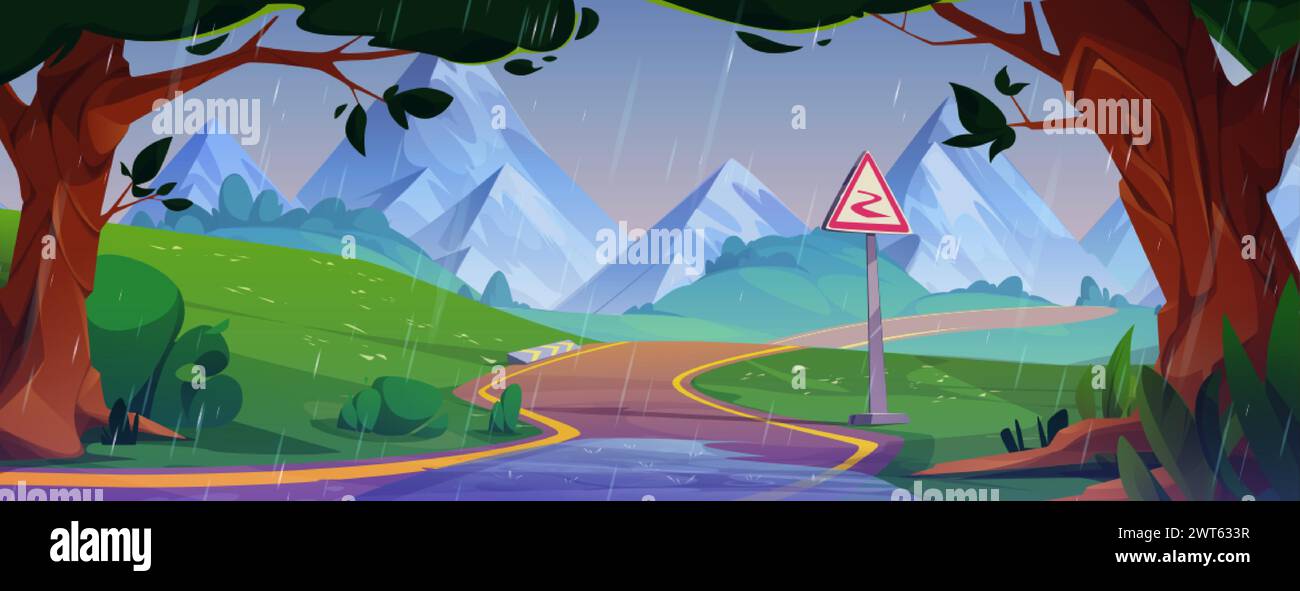 Rainy mountain landscape with winding road. Vector cartoon illustration of curvy serpentine highway with puddles and warning sign, old trees, green bu Stock Vector