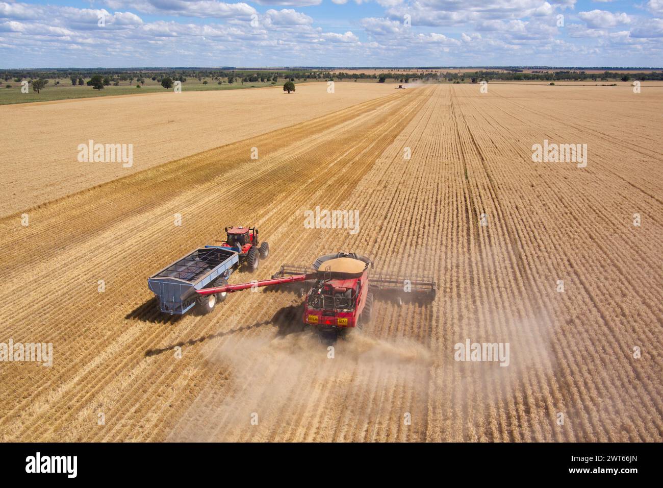 Aerial of combine harvester unloading wheat into a bin chaser near ...