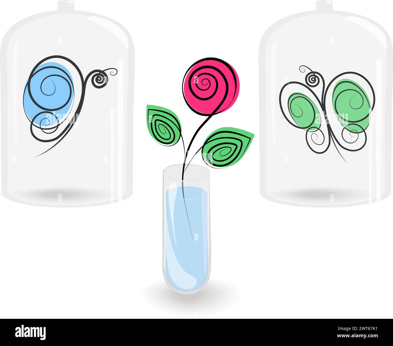 Stylized butterflies under glass lid and rose in transparent container with water. Set of 3 elements. Isolate. EPS. Vector for cards, sticker, icon or posters, banner, web and other different uses Stock Vector