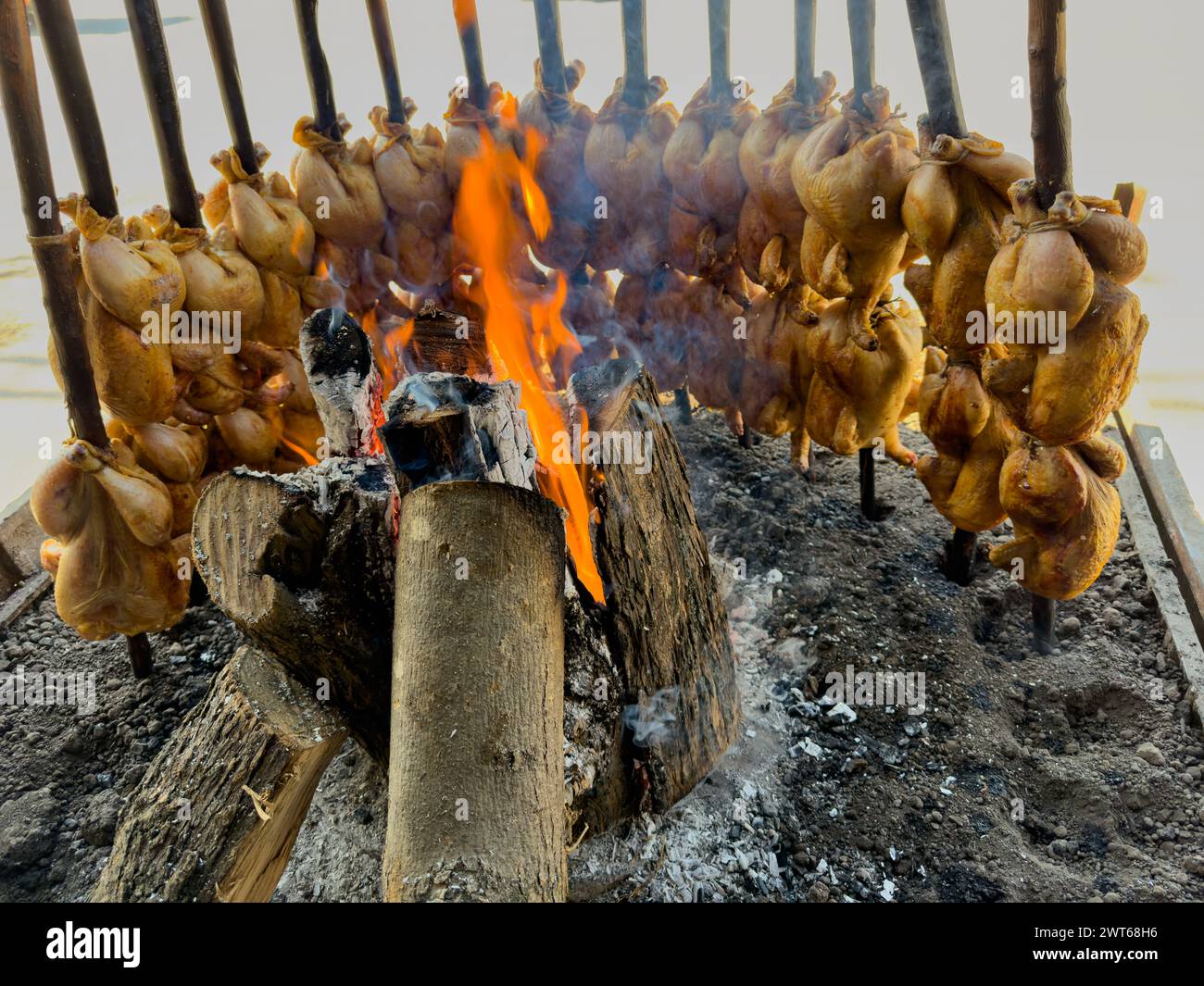 A traditional Balochi chicken Sajji is made in an open fire in Pakistan Stock Photo