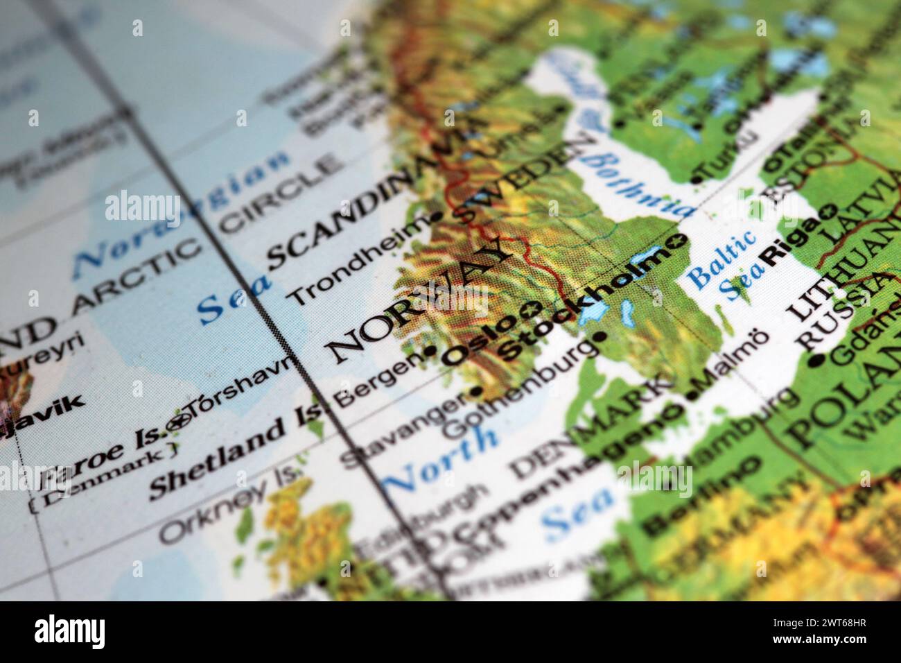 Closeup of Norway on a world globe. Note shallow depth of field. Stock Photo