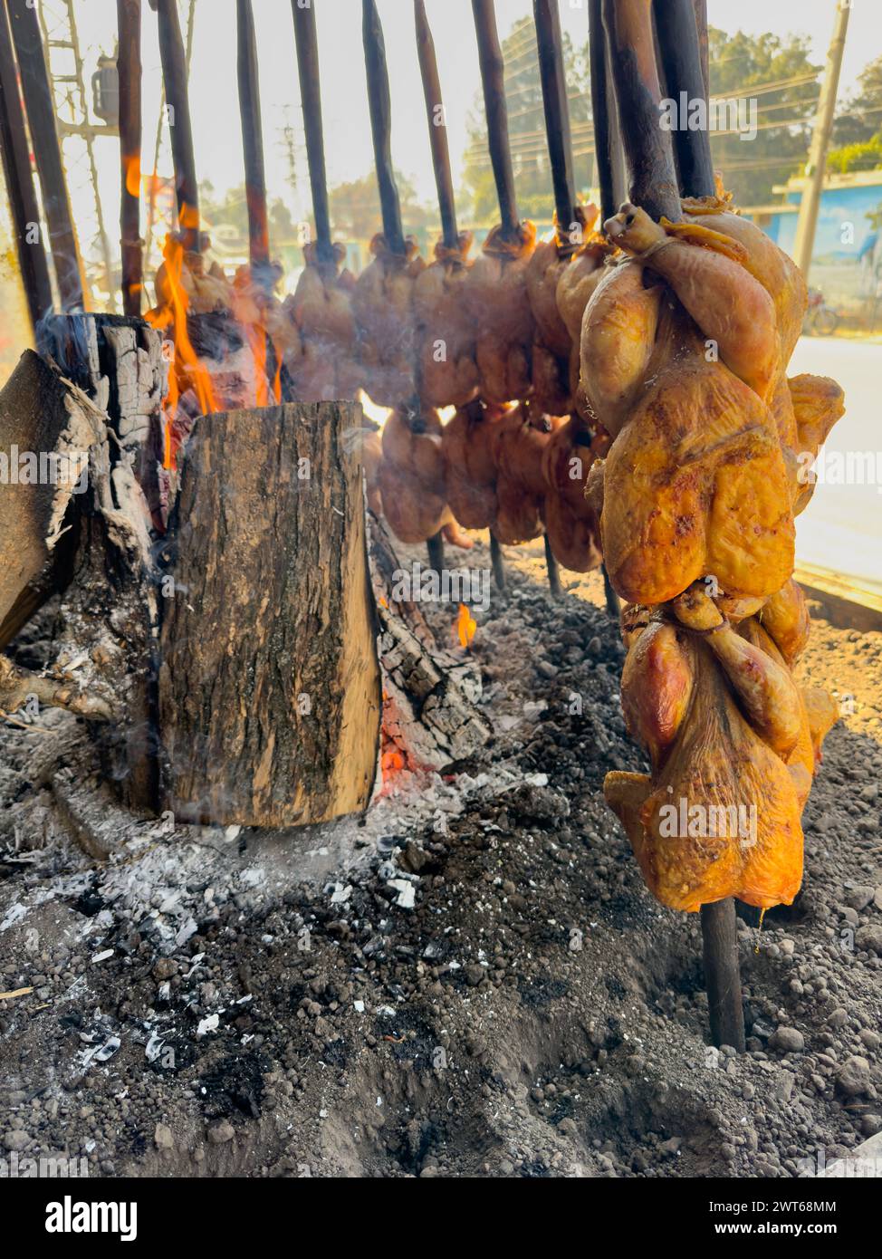 Balochi chicken sajji cooking over open fire in Pakistan Stock Photo