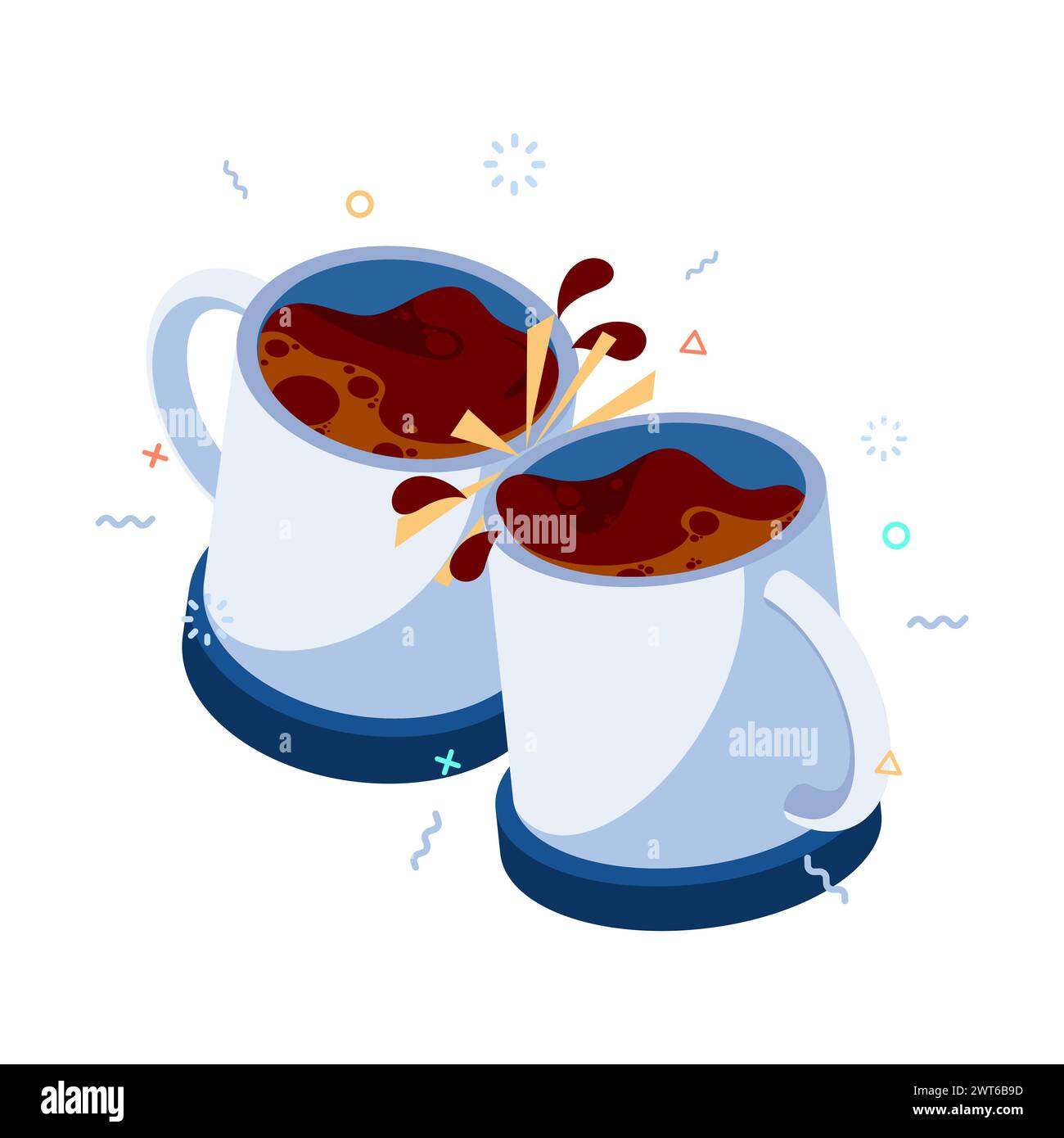 Flat 3d Isometric Clinking Coffee Mugs. Coffee Break Concept. Stock Vector
