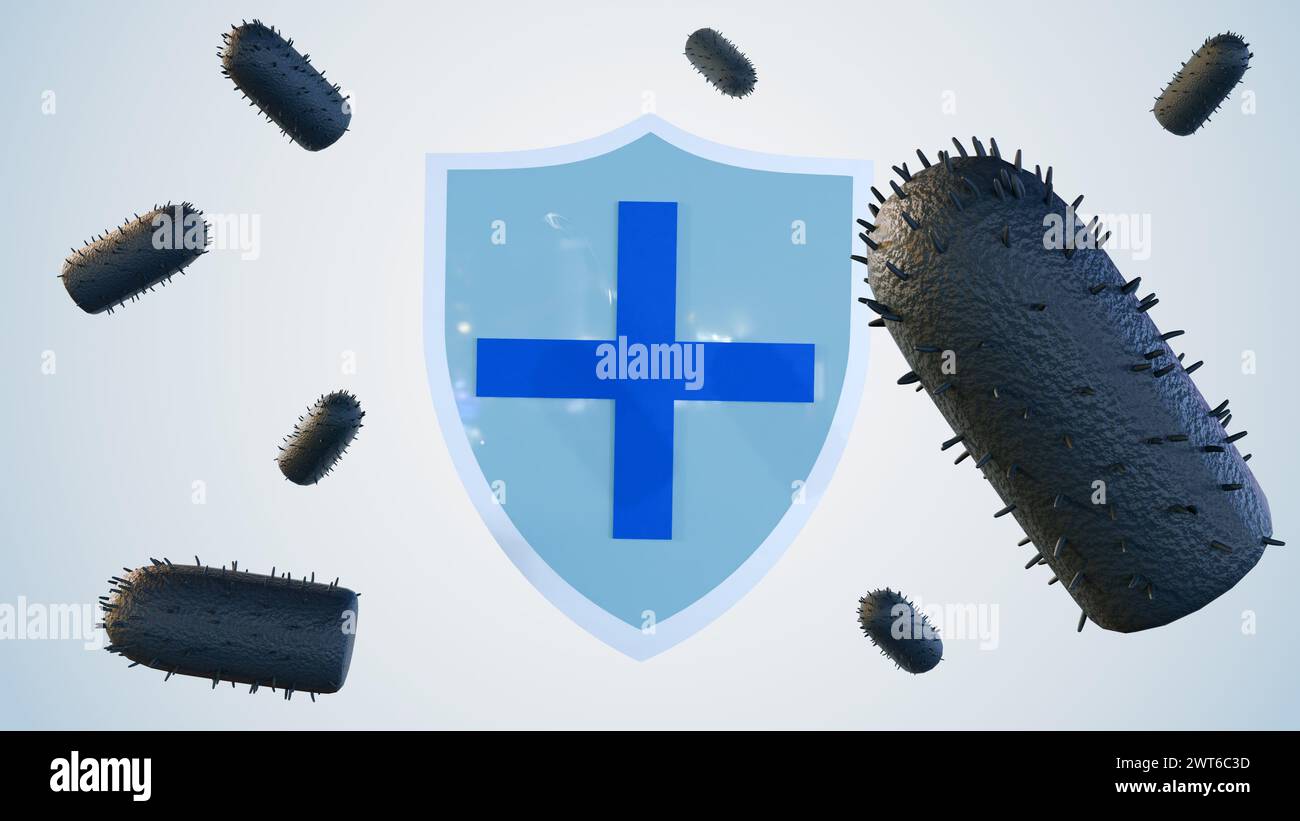 3d rendering of shield with cross symbol and rabies virus Stock Photo