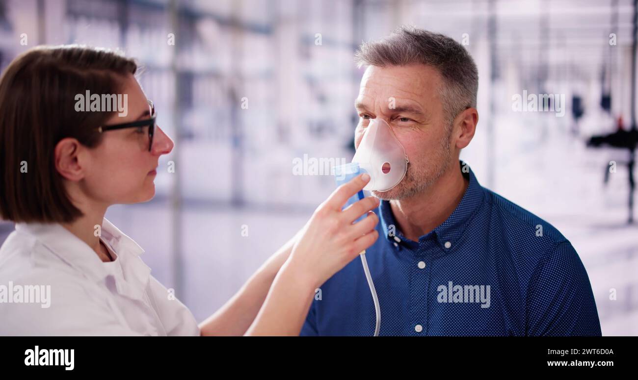 Oxygen Mask For Pulmonary Disease And Fibrosis. Man Inhaling Stock ...