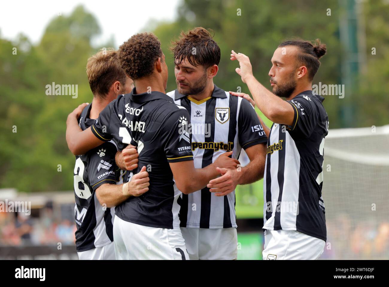 Brisbane, Australia, March 16th 2024 Players celebrate as Raphael Rodrigues (17 Macarthur
