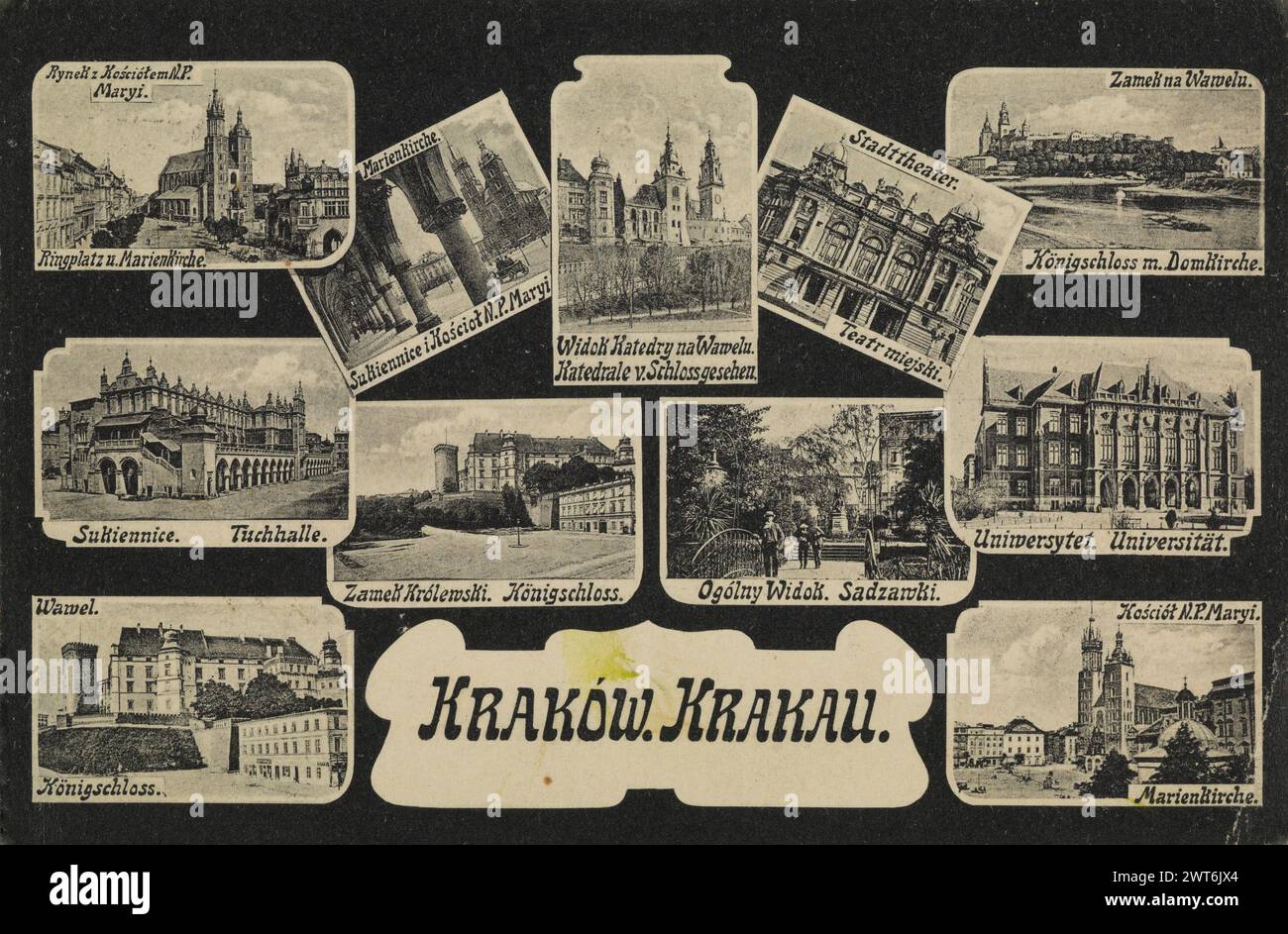 Collage of vintage black and white postcards of historical buildings landmarks in Krakow, Poland, Europe Stock Photo