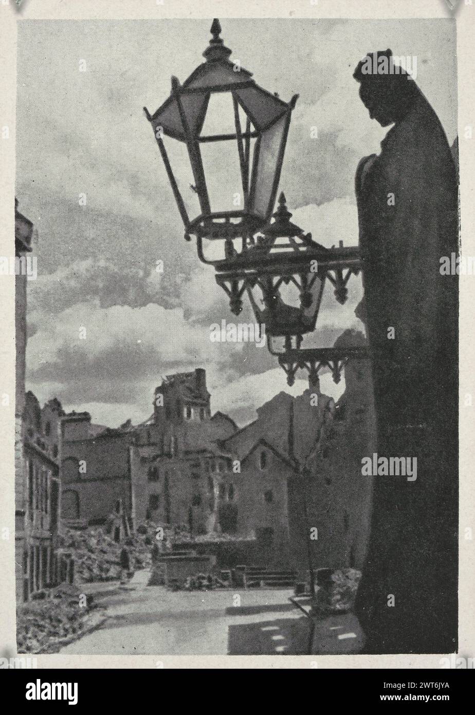 Vintage 1945 black and white postcard showing the destruction of Warsaw, Poland, during World War II, the city wall at the Nowomiejska street Stock Photo