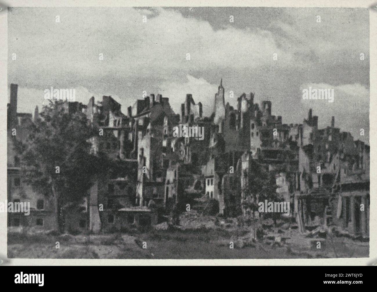 Vintage 1945 black and white postcard showing the destruction of Warsaw, Poland, during World War II, Old City ruins Stock Photo