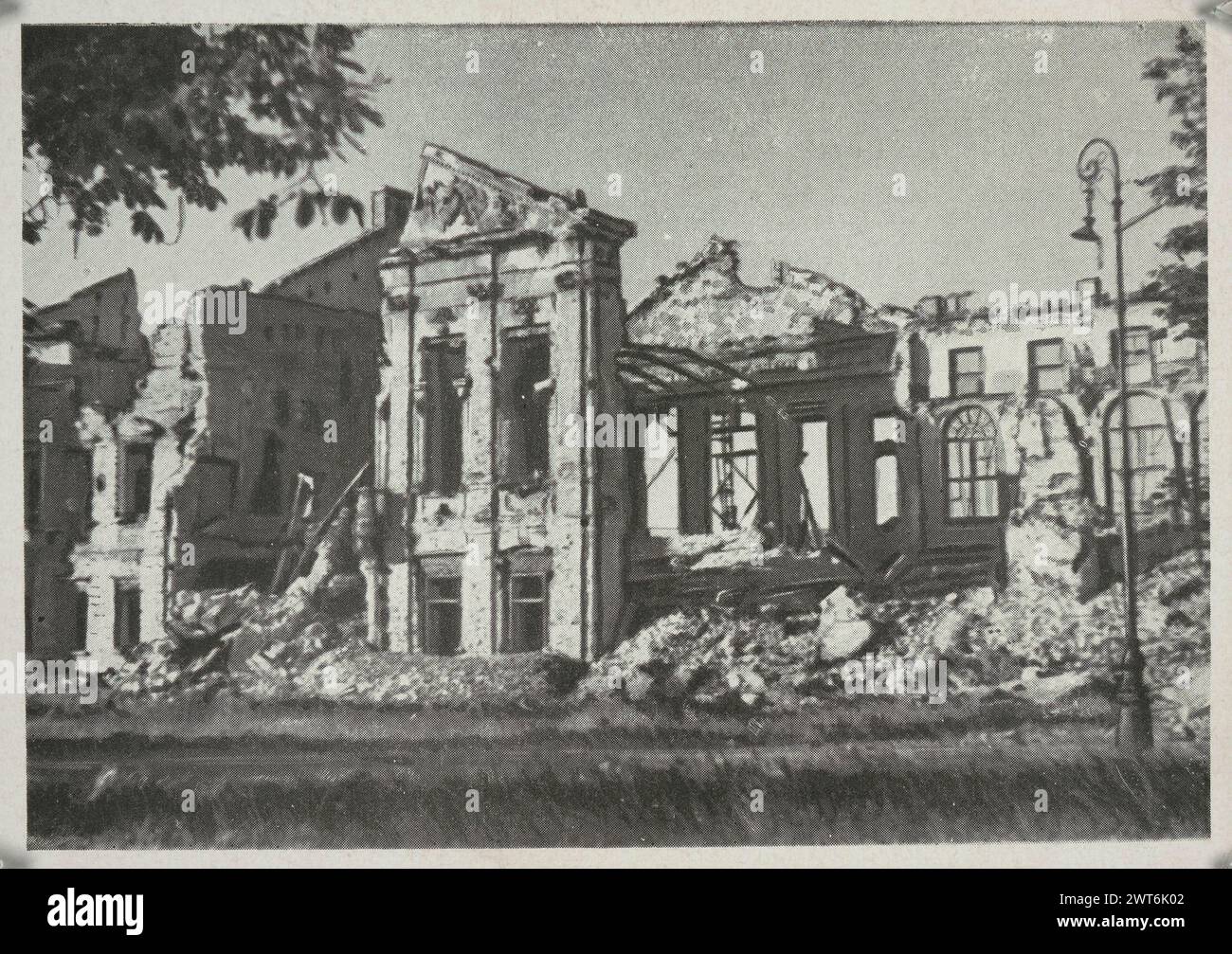 Vintage 1945 black and white postcard showing the destruction of Warsaw, Poland, during World War II, Republic Palace ruins Stock Photo