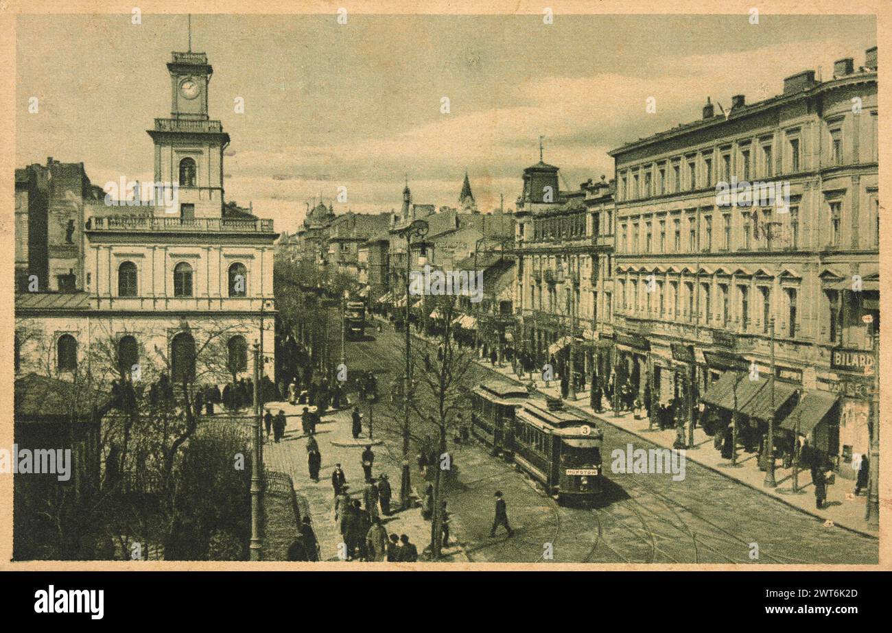Vintage postcard of Marszalkowska Street (Polish: ulica Marszalkowska), also known by its English name Marshal Street in Warsaw, Poland, early 1900s Stock Photo