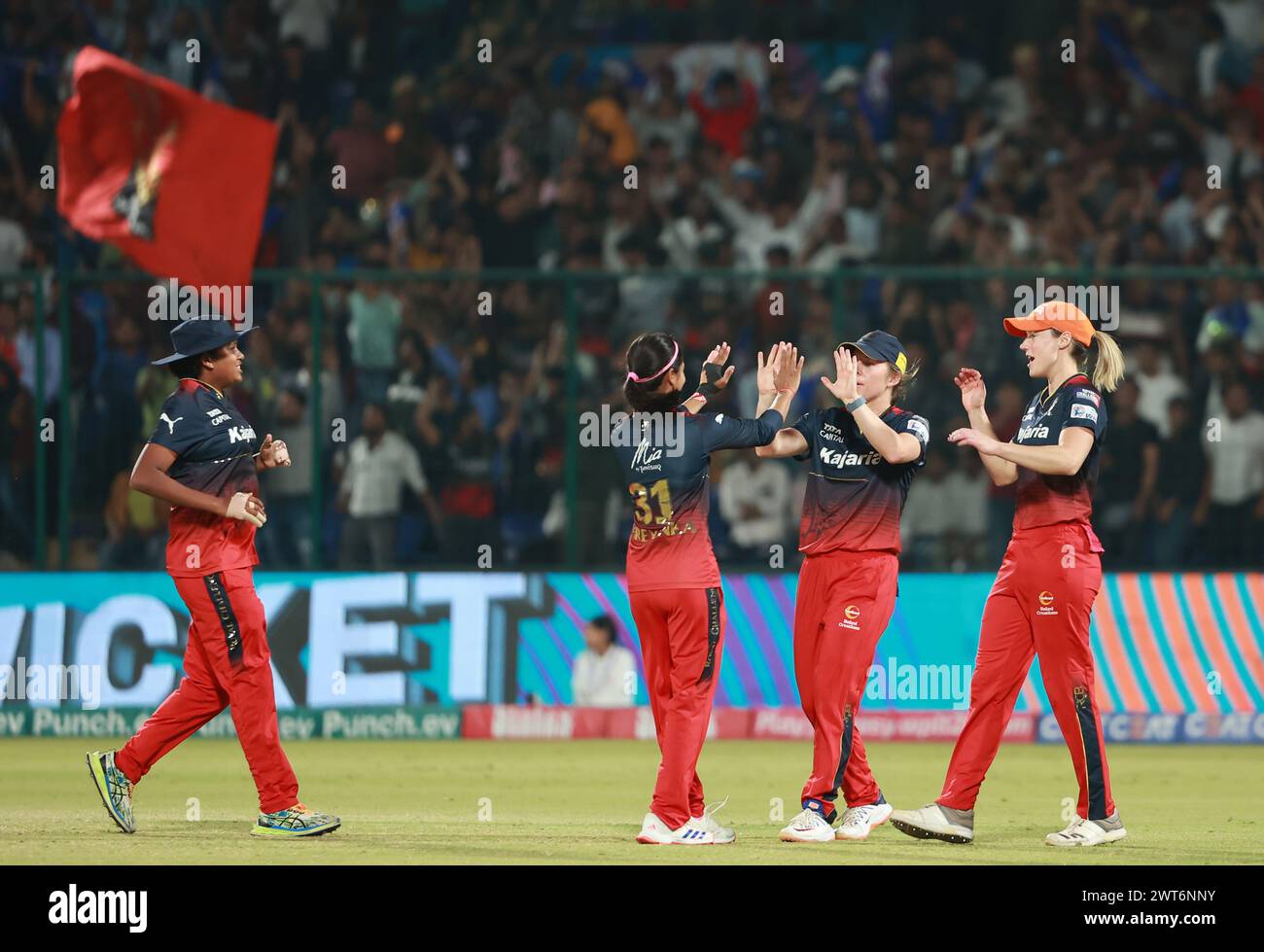 New Delhi, Delhi, India. 15th Mar, 2024. Shreyanka PatilÂ of Royal Challengers Bangalore get her first wicket of the match during match no 21 (Eliminator) of Women's Premiere League (WPL) between Royal Challengers Bangalore and Mumbai Indians at Arun Jaitley Stadium, New Delhi, India on 15 March 2024 (Credit Image: © Avijit Das/ZUMA Press Wire) EDITORIAL USAGE ONLY! Not for Commercial USAGE! Credit: ZUMA Press, Inc./Alamy Live News Stock Photo