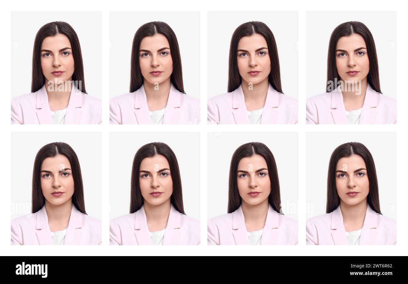 Passport Photo Collage Woman On White Background Set Of Photos Stock passport-photo-collage-woman-on-white-background-set-of-photos-stock
