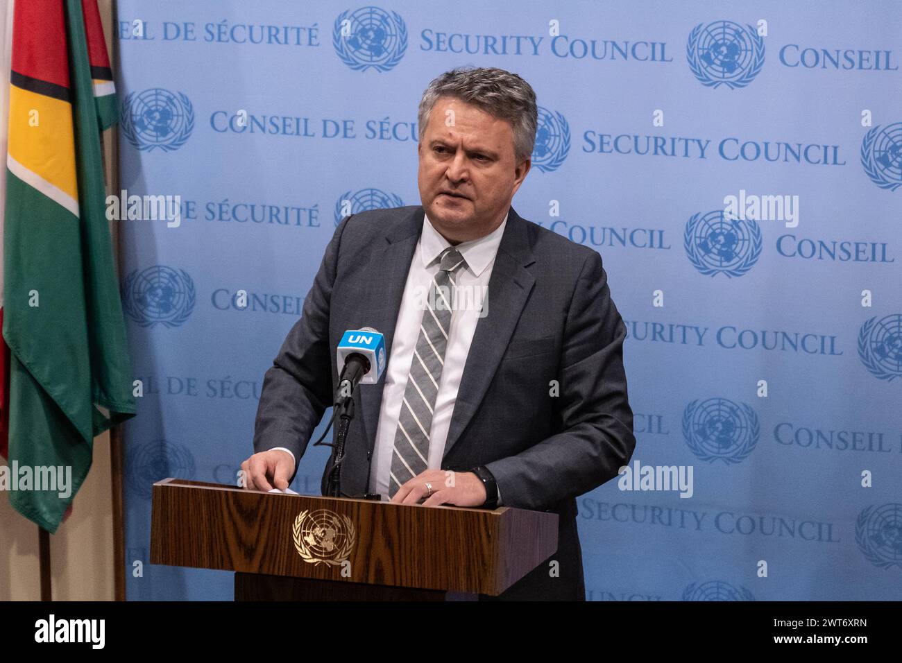 United Nations. 15th Mar, 2024. Ambassador Sergiy Kyslytsya of Ukraine speaks twice to the press before SC meeting once on behalf of dozen countries and later on behalf of Ukraine alone at UN Headquarters in New York. Ambassador Sergiy Kyslytsya delivered remarks on illegal election for President of Russia on temporary occupied territories of Ukraine. He spoke with support of Albania, Andorra, Argentina, Australia, Austria, Belgium, Bosnia and Herzegovina, Bulgaria, Canada, Chile, Costa Rica, Croatia, Cyprus, Czechia, Denmark, Estonia, Finland, France, Georgia, Germany, Greece, Hungary, Icelan Stock Photo